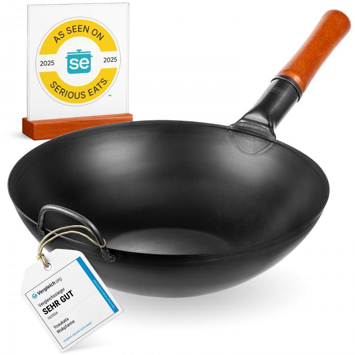 Wok Acciaio al Carbonio Nero (Fondo Piatto, Stagionato) 34cm