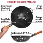 Small Yosukata Wok Acciaio al Carbonio Nero (Fondo Piatto, Stagionato) 34cm + Coperchio Wok 32.5cm (Acciaio Inossidabile, Inserto in Vetro Temperato)