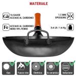 Small Yosukata Wok Acciaio al Carbonio Nero (Fondo Piatto, Stagionato) 34cm + Coperchio in Legno per Wok 34cm