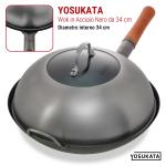 Small Yosukata Wok Acciaio al Carbonio Nero (Fondo Piatto, Stagionato) 34cm + Coperchio Wok 32.5cm (Acciaio Inossidabile, Inserto in Vetro Temperato)