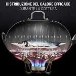 Small Yosukata Wok Acciaio al Carbonio Nero (Fondo Piatto, Stagionato) 34cm + Coperchio Wok 32.5cm (Acciaio Inossidabile, Inserto in Vetro Temperato)