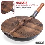 Small Yosukata Wok Acciaio al Carbonio Blu (Fondo Piatto, Stagionato) 34cm + Coperchio in Legno per Wok 34cm