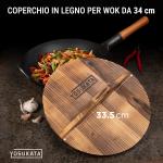 Small Yosukata Wok Acciaio al Carbonio Blu (Fondo Piatto, Stagionato) 34cm + Coperchio in Legno per Wok 34cm