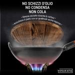 Small Yosukata Wok Acciaio al Carbonio Nero (Fondo Piatto, Stagionato) 34cm + Coperchio in Legno per Wok 34cm