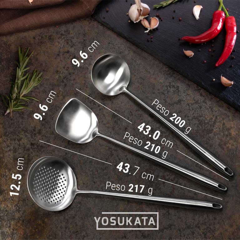 Yosukata Set di Utensili per Wok: Spatola, Mestolo e Schiumarola in Acciaio Inox per Wok da 43 cm