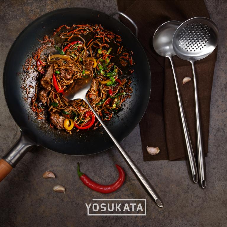 Yosukata Set di Utensili per Wok: Spatola, Mestolo e Schiumarola in Acciaio Inox per Wok da 43 cm