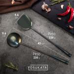 Small Yosukata Set di Utensili per Wok: Spatola, Mestolo e Bacchette in Bambù per Wok in Acciaio ai Carbonio Pre-Stagionato da 43 cm