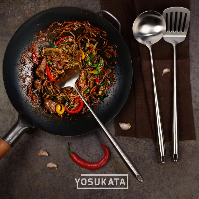 Yosukata Set di Utensili per Wok: Spatola, Mestolo e Paletta in Acciaio Inox per Wok da 43 cm