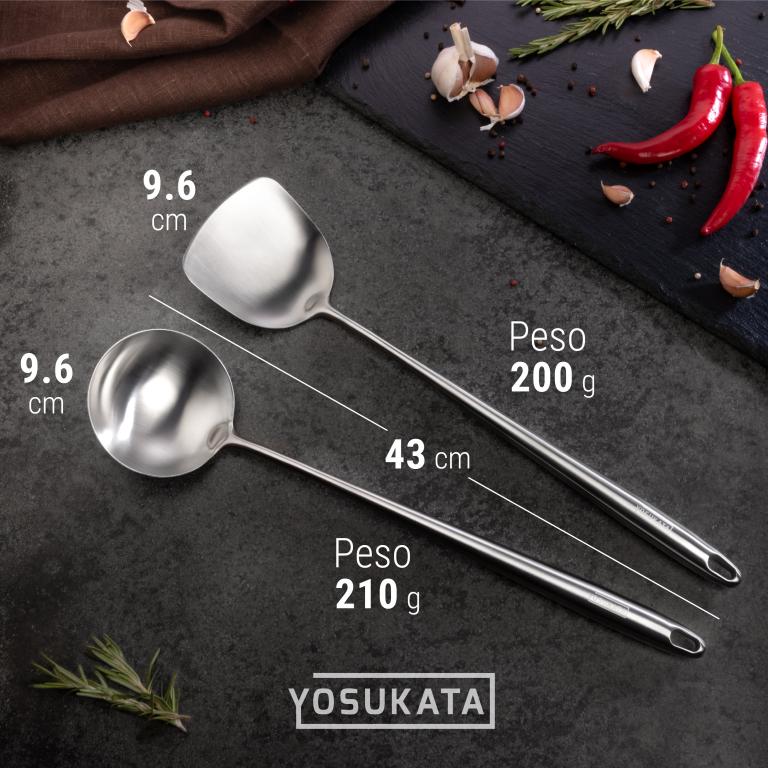 Yosukata Set di utensili per wok: set spatola e mestolo per wok in acciaio inox da 43 cm