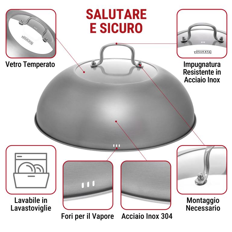 Yosukata Coperchio Wok 32.5cm (Acciaio Inossidabile, Inserto in Vetro Temperato)