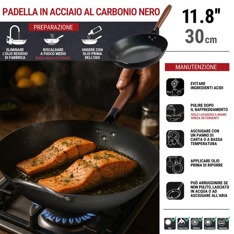 Yosukata Padelle in Acciaio ai Carbonio Nero (Stagionato) 30cm