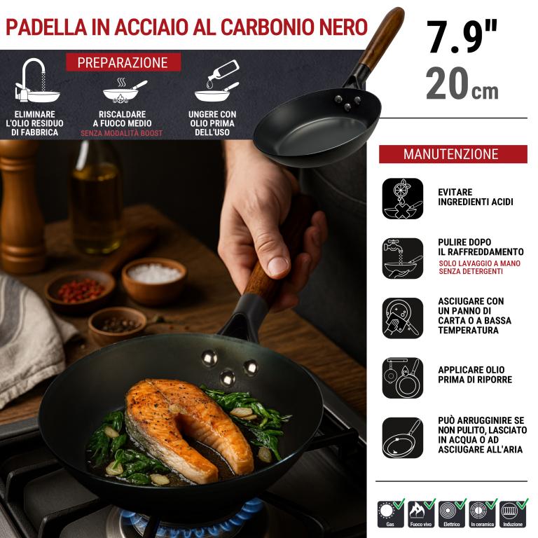 Yosukata Padelle in Acciaio ai Carbonio Nero (Stagionato) 20cm