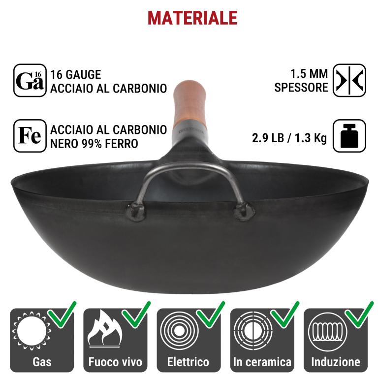 Yosukata Wok Acciaio al Carbonio Nero (Fondo Piatto, Stagionato) 30cm