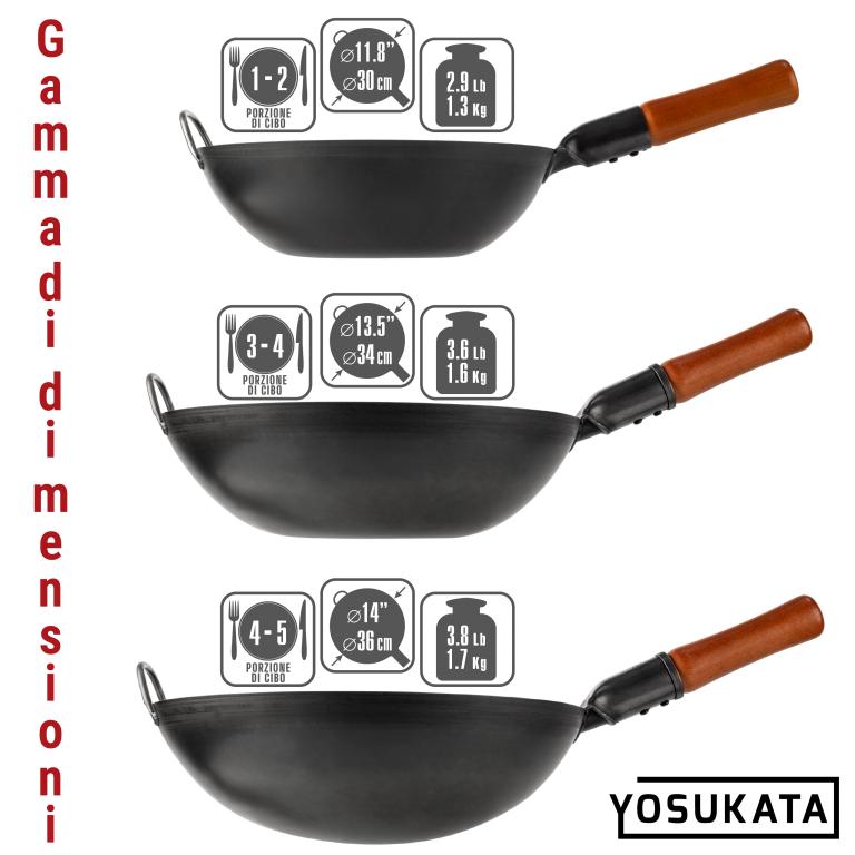 Yosukata Wok Acciaio al Carbonio Nero (Fondo Piatto, Stagionato) 30cm