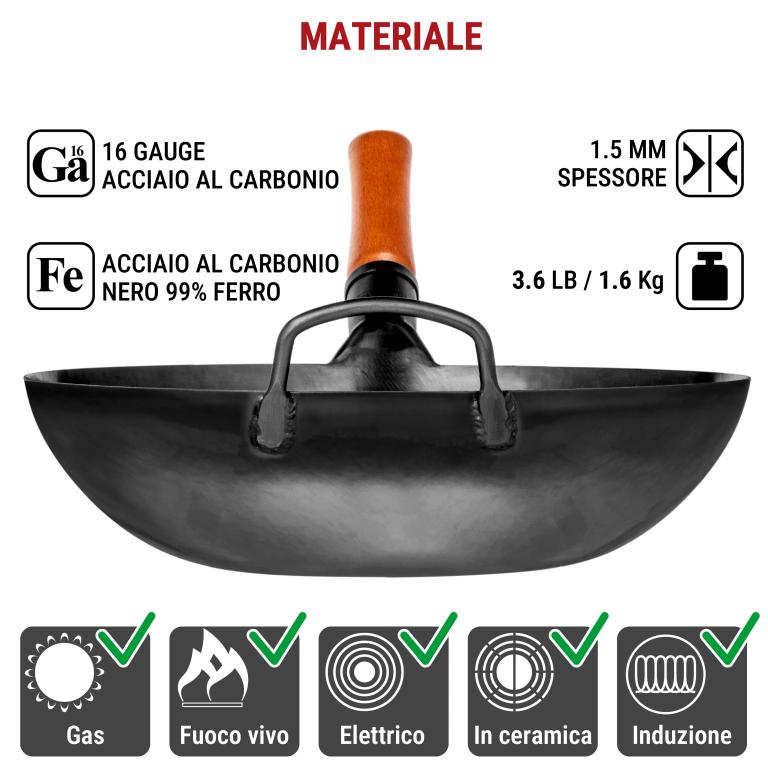 Yosukata Wok Acciaio al Carbonio Nero (Fondo Piatto, Stagionato) 34cm