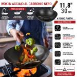 Small Yosukata Wok Acciaio al Carbonio Nero (Fondo Piatto, Stagionato) 30cm