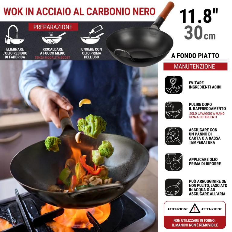 Yosukata Wok Acciaio al Carbonio Nero (Fondo Piatto, Stagionato) 30cm