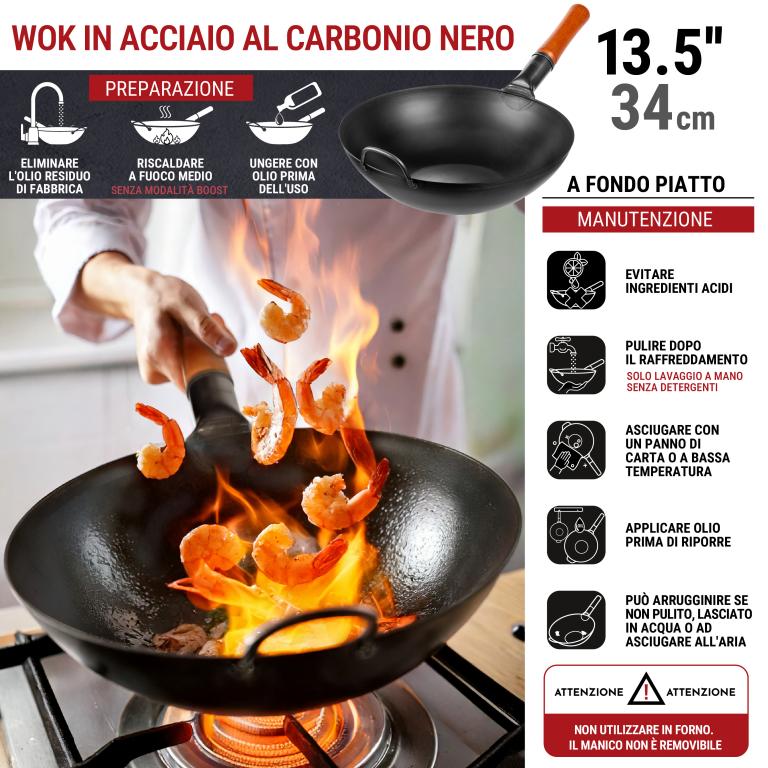 Yosukata Wok Acciaio al Carbonio Nero (Fondo Piatto, Stagionato) 34cm