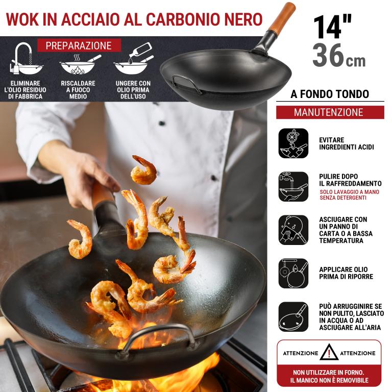 Yosukata Wok Acciaio al Carbonio Nero (Fondo Tondo, Stagionato) 36cm