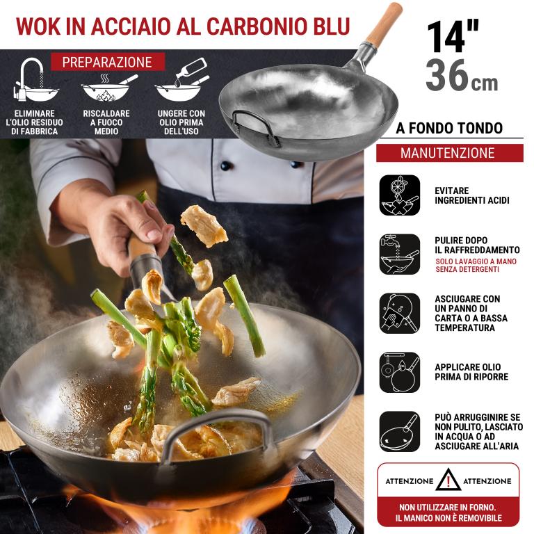 Yosukata Wok Acciaio al Carbonio Blu (Fondo Tondo, Non Stagionato) 36cm