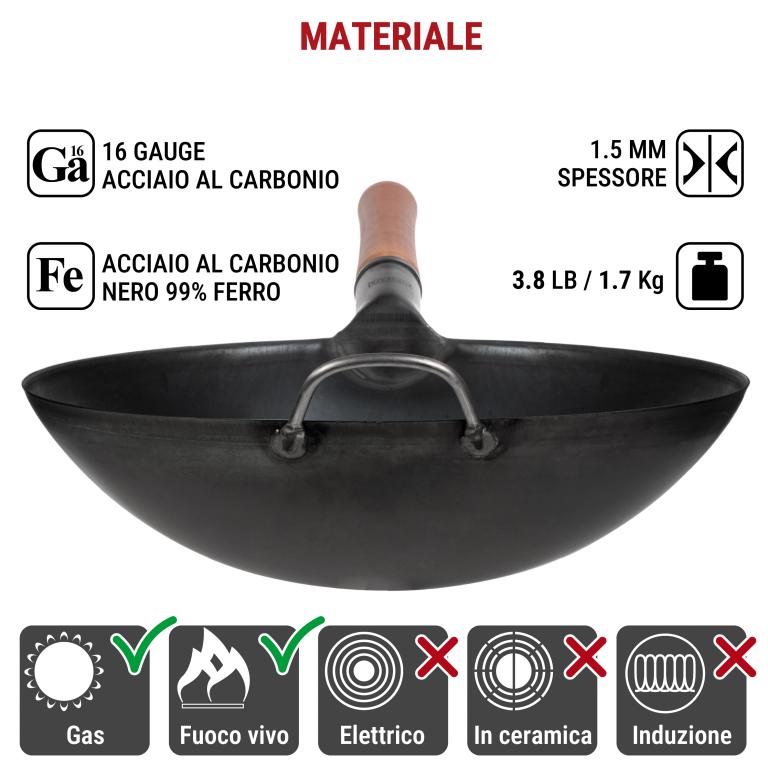 Yosukata Wok Acciaio al Carbonio Nero (Fondo Tondo, Stagionato) 36cm