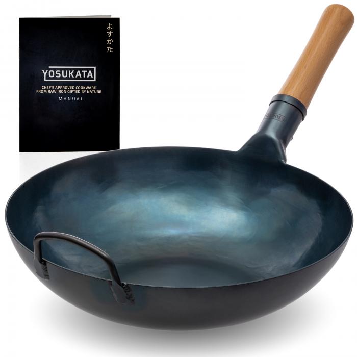 Wok Acciaio al Carbonio Blu (Fondo Piatto, Stagionato) 34cm