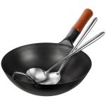 Small Yosukata Wok Acciaio al Carbonio Nero (Fondo Piatto, Stagionato) 34cm + Set di utensili per wok: set spatola e mestolo per wok in acciaio inox da 43 cm