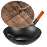 Small Yosukata Wok Acciaio al Carbonio Nero (Fondo Piatto, Stagionato) 34cm + Coperchio in Legno per Wok 34cm