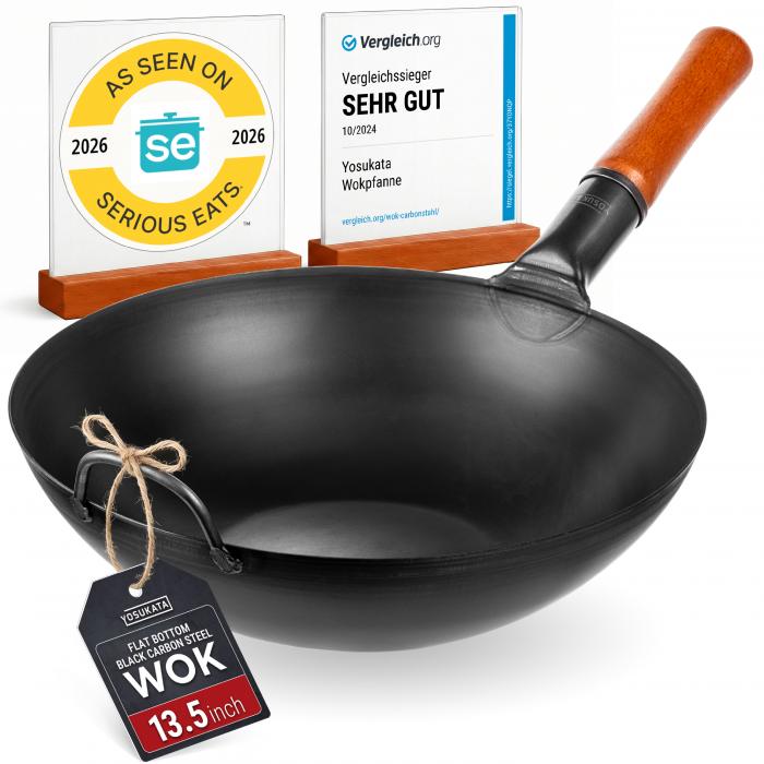 Yosukata Wok Acciaio al Carbonio Nero (Fondo Piatto, Stagionato) 34cm