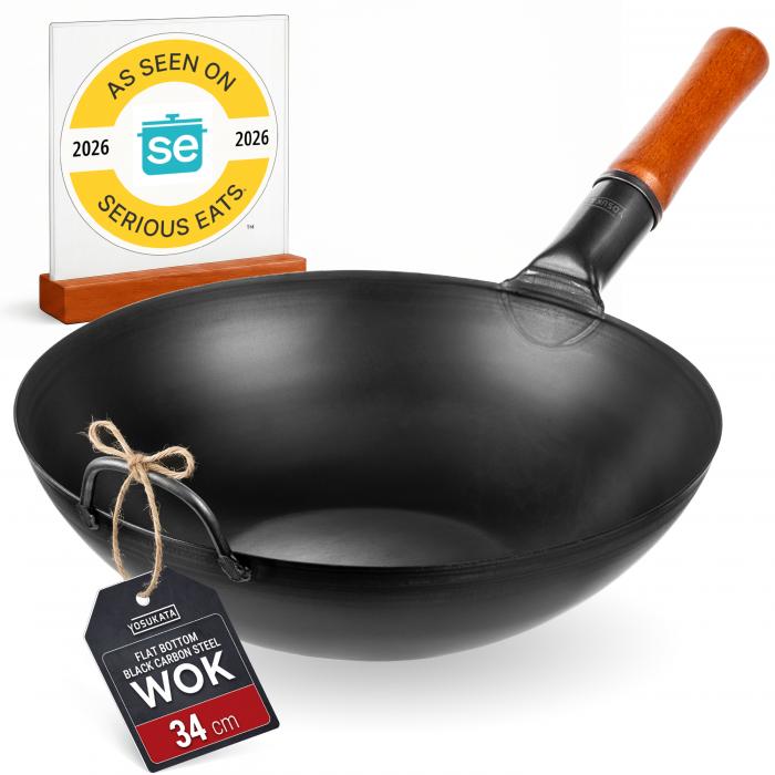 Wok Acciaio al Carbonio Nero (Fondo Piatto, Stagionato) 34cm